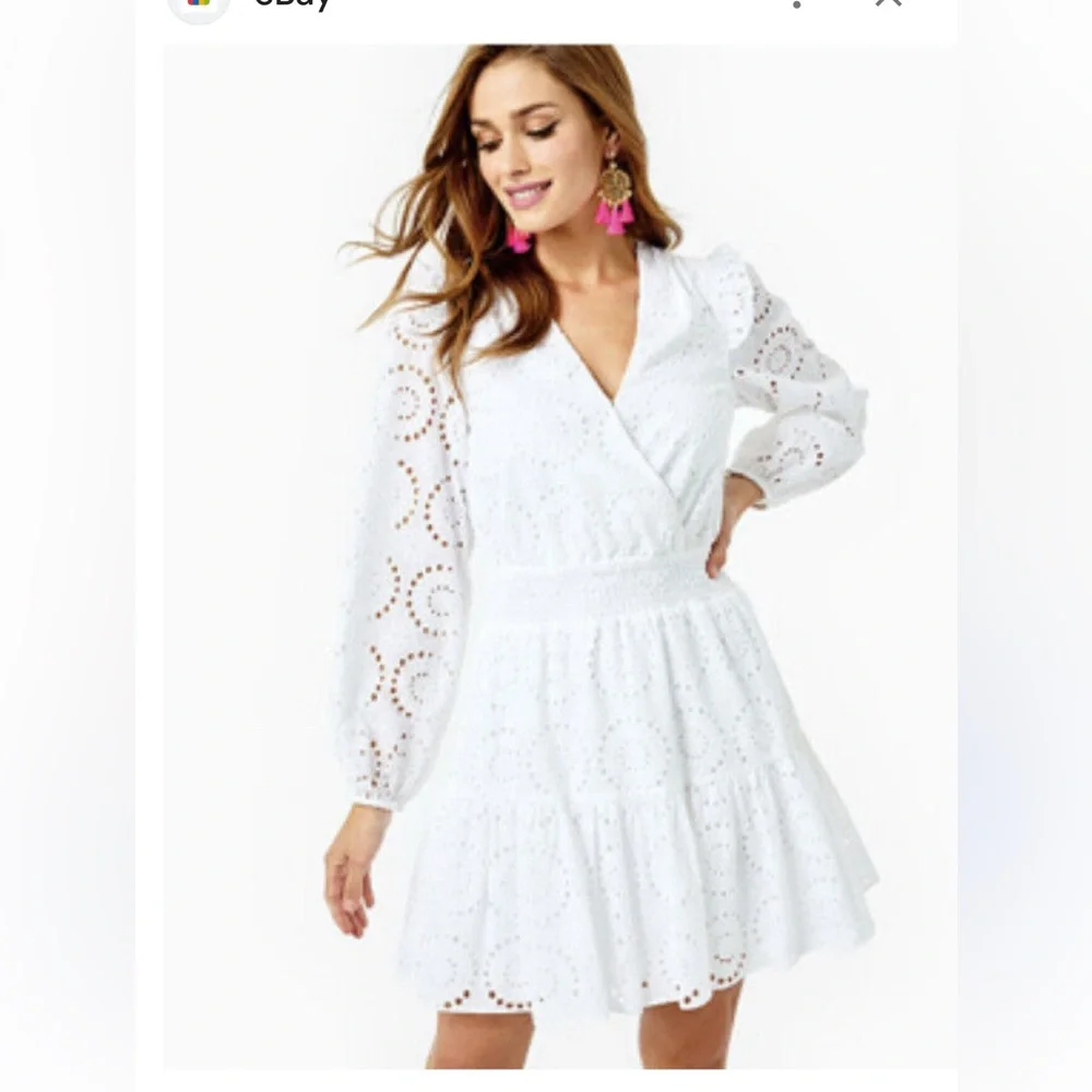 Lilly Pulitzer White Eyelet Long Sleeve Smocked Waist Taviana Dress SIZE 16 - Picture 1 of 11